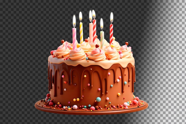 Free PSD chocolate birthday cake with candles isolated over a transparent background