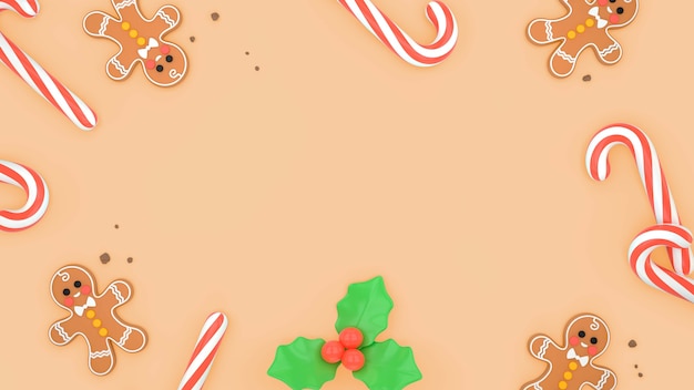 Christmas 3d background with gingerbread cookies and candy canes