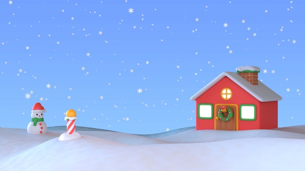 Christmas 3d background with house in the snow and snowman