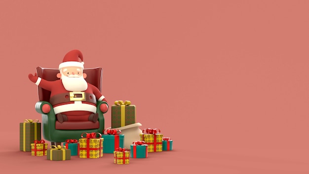 Christmas 3d background with santa claus sitting on armchair surrounded by gifts