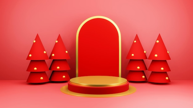 Free PSD christmas background with christmas tree and stage podium for product display 3d rendering