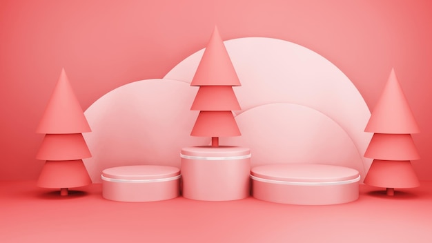 Free PSD christmas background with christmas tree and stage podium for product display 3d rendering