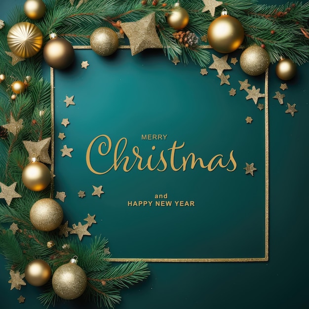 Free PSD christmas background with fir tree branches golden balls and stars top view with copy space