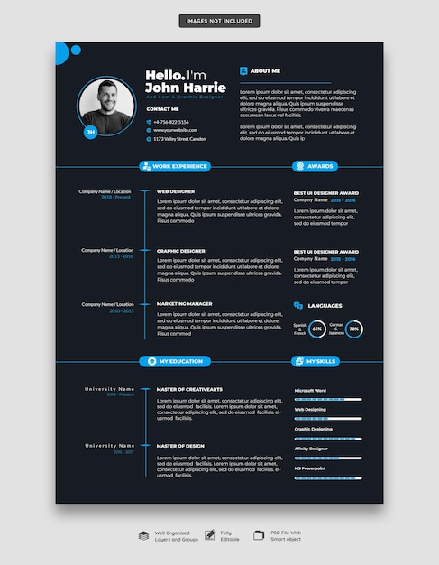 Free PSD clean and modern resume portfolio or cv template