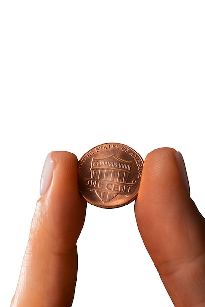 Free PSD close up on coin in hand isolated