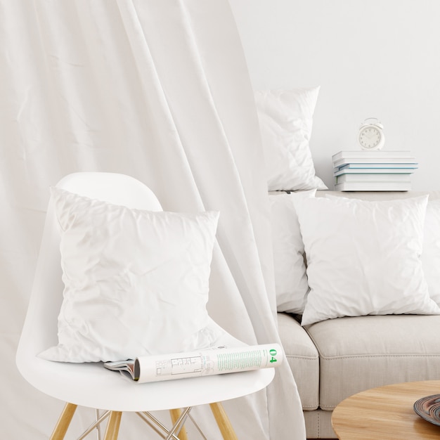 Free PSD closeup of white pillowcase on a modern chair mockup