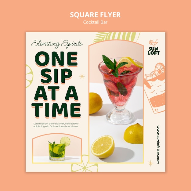 Free PSD cocktail bar with delicious drinks square flyer