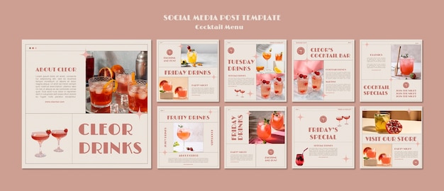 Cocktail menu instagram posts design template