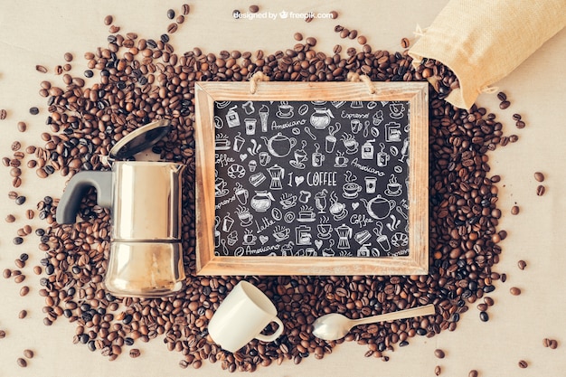 Free PSD coffee mockup with slate and coffee pot