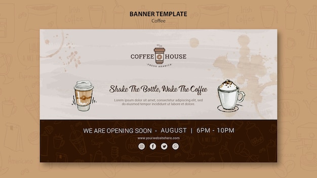 Free PSD coffee shop banner template with hand drawn elements