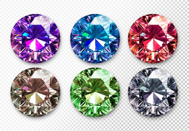 Free PSD collection of circular cut diamonds of different colors isolated on transparent backgrounds