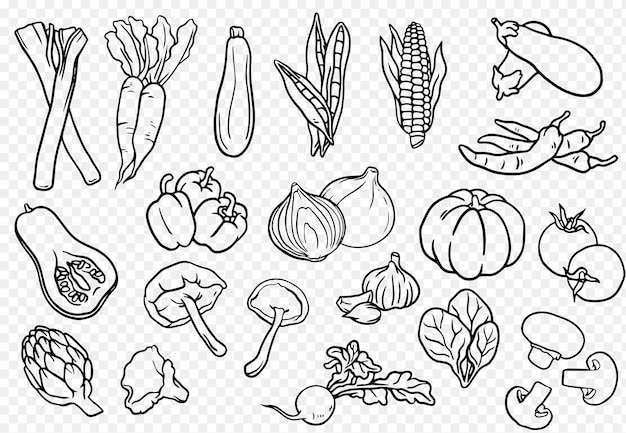 Free PSD collection of handdrawn vegetables with black outline on a transparent background