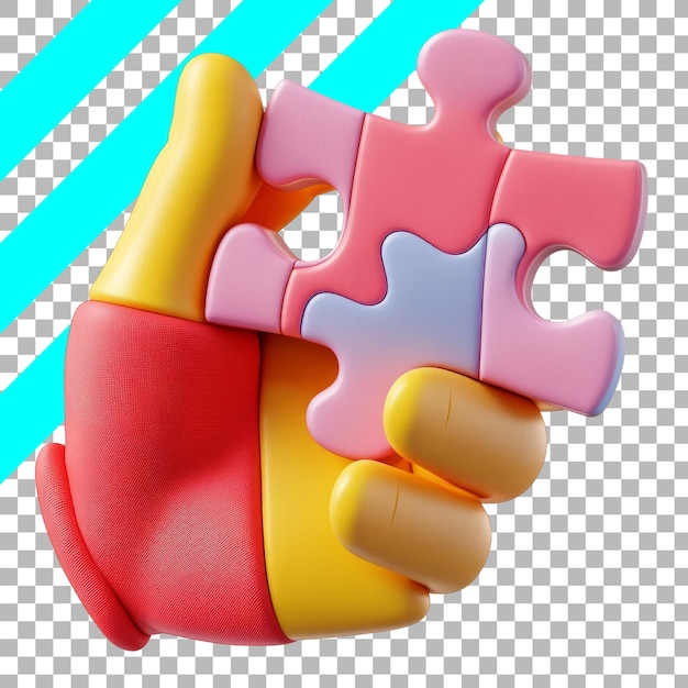 Free PSD colorful hand holding puzzle pieces on transparent checkered background