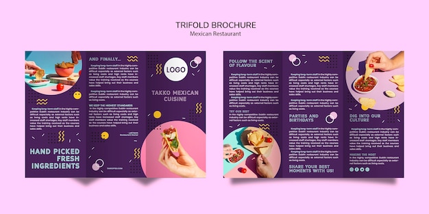 Free PSD colorful mexican food trifold brochure mock-up