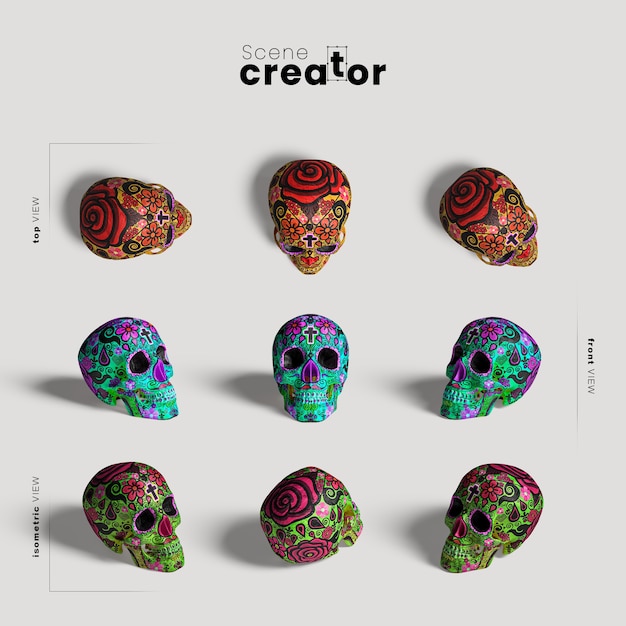 Free PSD colourful skull variety of angles halloween scene creator