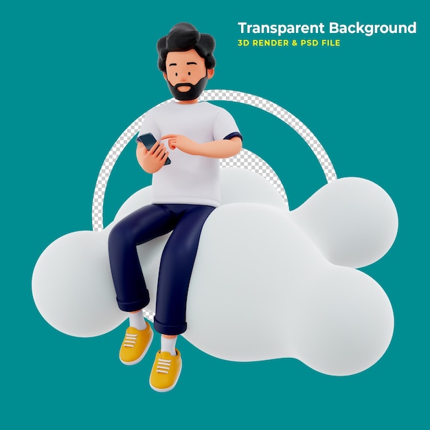 Free PSD concept mobile application and cloud services male character sits on big cloud sign with phone 3d illustration