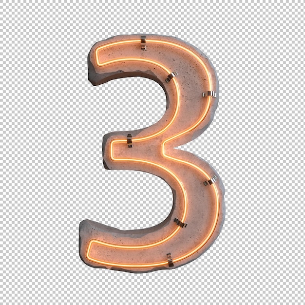 Free PSD concrete neon light number 3 on transparent background