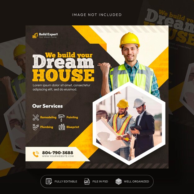 construction and house services social media post and web banner design template