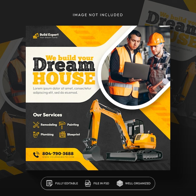 Free PSD construction and house services social media post and web banner design template