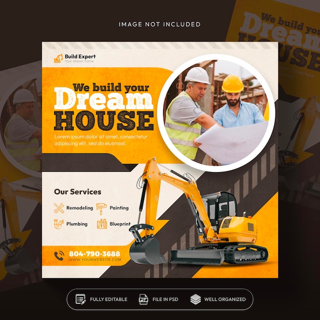 Free PSD construction and house services social media post and web banner design template