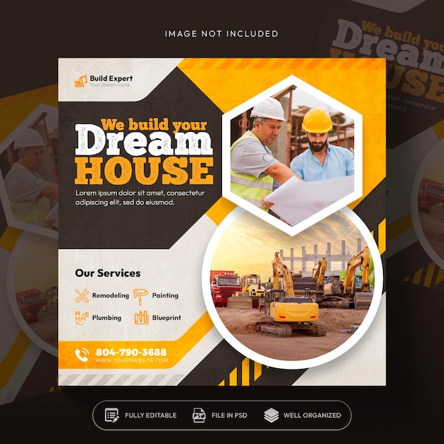 construction and house services social media post and web banner design template