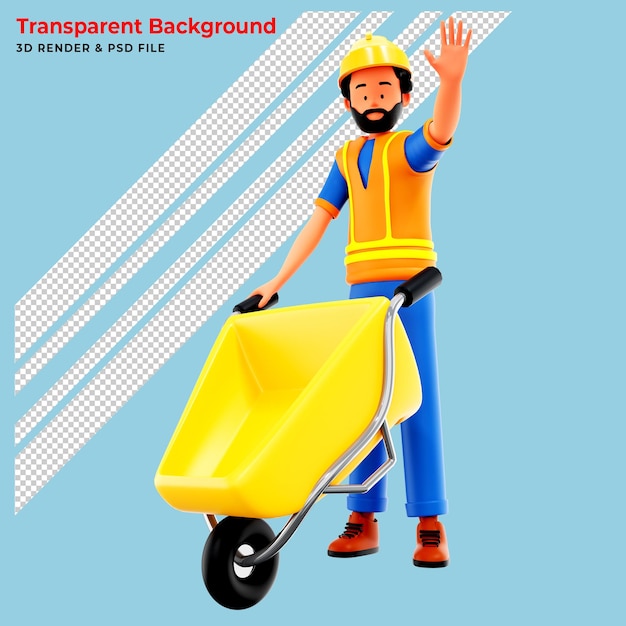 Free PSD construction worker wearing safety helmet and vest pushing wheelbarrow 3d render illustration