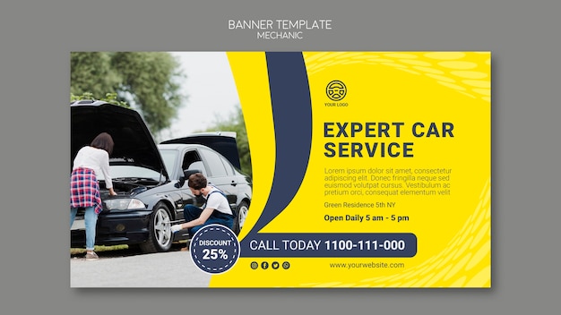 Creative mechanic banner template with photo of car