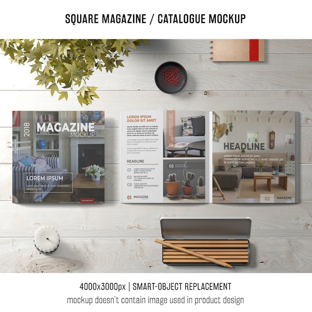 Creative still life of square magazine or catalogue mockup