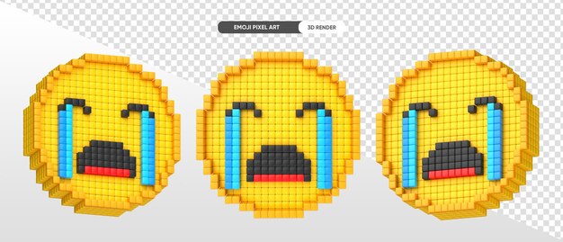 Crying emoji pixel art 3d render with transparent background