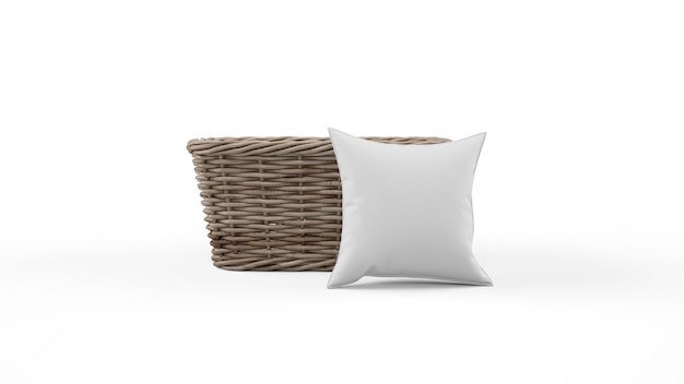 Cushion in gray color and wicker basket isolated