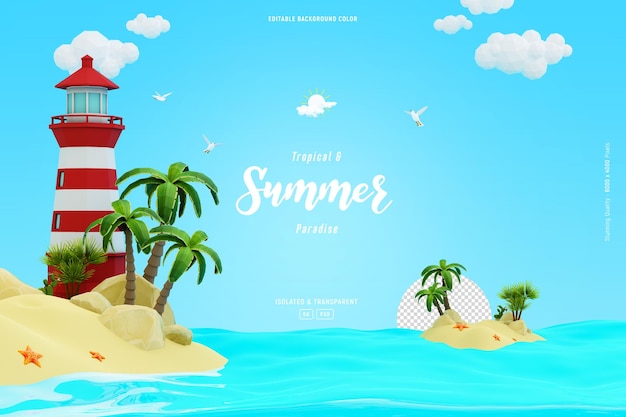 Cute beach island landscape background with lighthouse and palm trees Summer scene 3D illustration