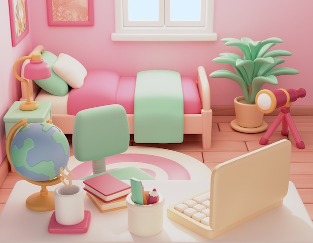 Free PSD cute bedroom with desktop illustration