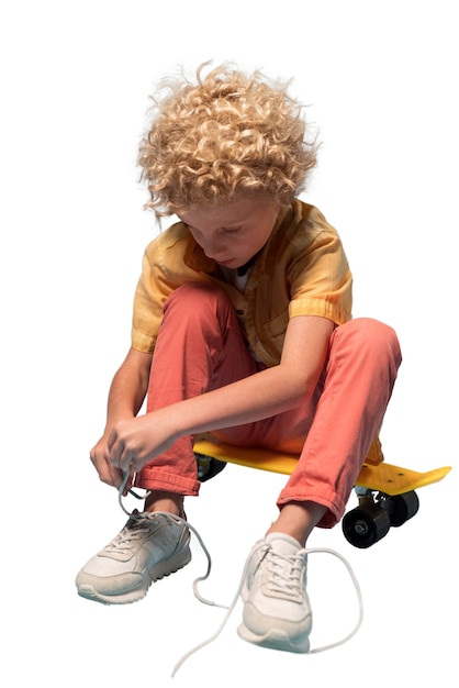 Free PSD cute boy portrait tying shoelaces