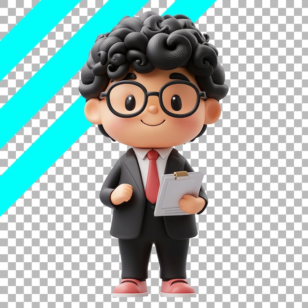 Cute cartoon character in business suit holding clipboard transparent background