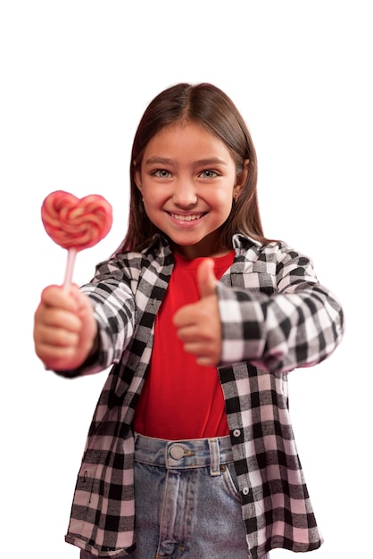 Free PSD cute girl holing candies happily