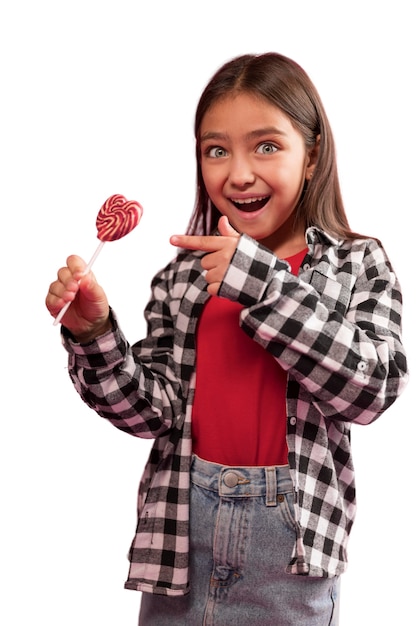 Free PSD cute girl holing candies happily