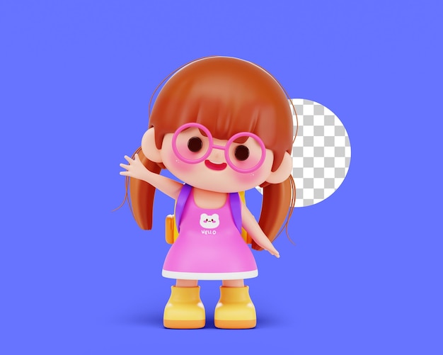 Free PSD cute girls or kids waving greeting say hi cartoon 3d illustration character