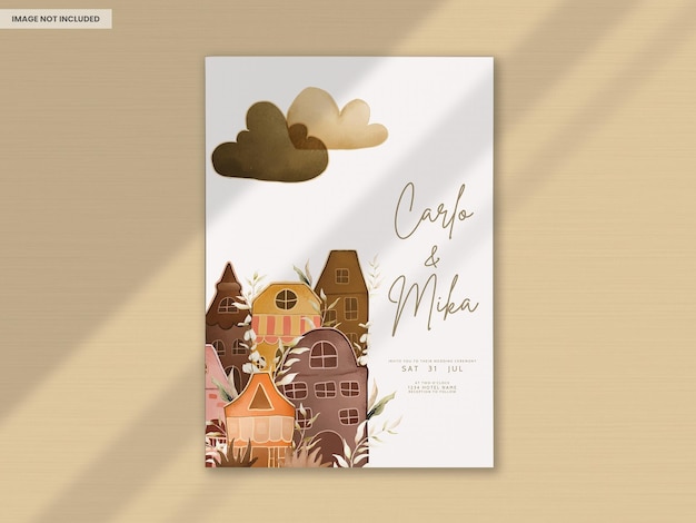 Free PSD cute hand drawing house invitation card bohemian color