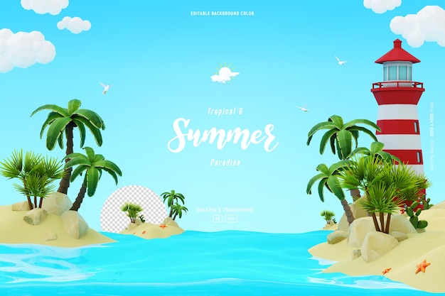 Cute Summer beach island landscape background with palm trees isolated 3D illustration