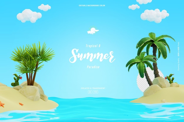 Cute Summer beach landscape background decorated with clouds and palm trees isolated 3D illustration