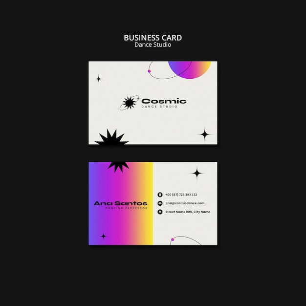 Free PSD dance lessons horizontal business card template with gradient design and stars