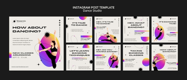 Dance lessons instagram posts collection with gradient design and stars