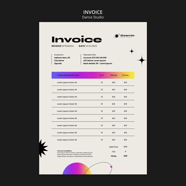 Dance lessons invoice template with gradient design and stars