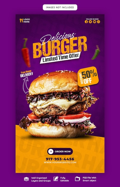 Delicious burger and food menu instagram and facebook story template