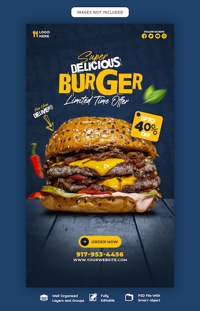 Delicious burger and food menu instagram and facebook story template