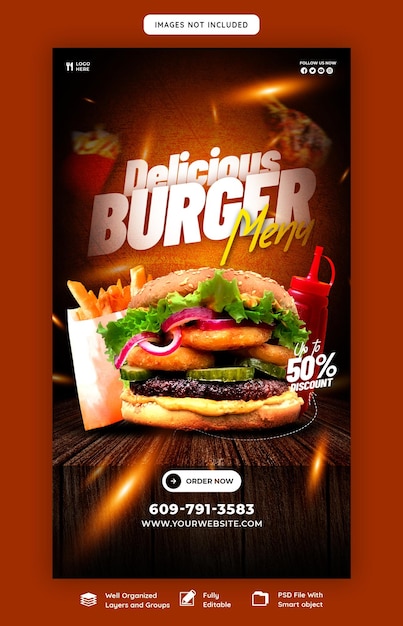 Free PSD delicious burger and food menu instagram and facebook story template