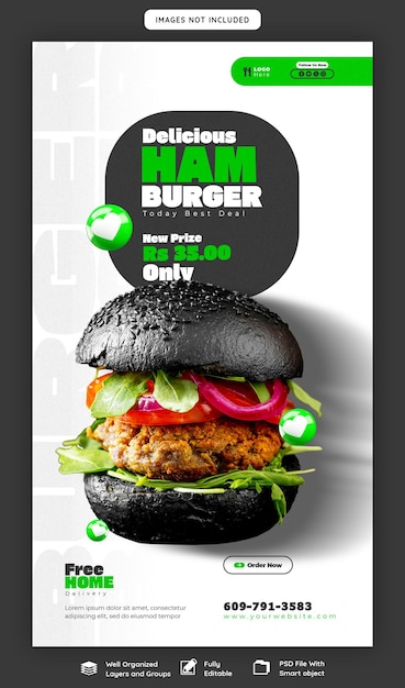 Free PSD delicious burger and food menu instagram and facebook story template