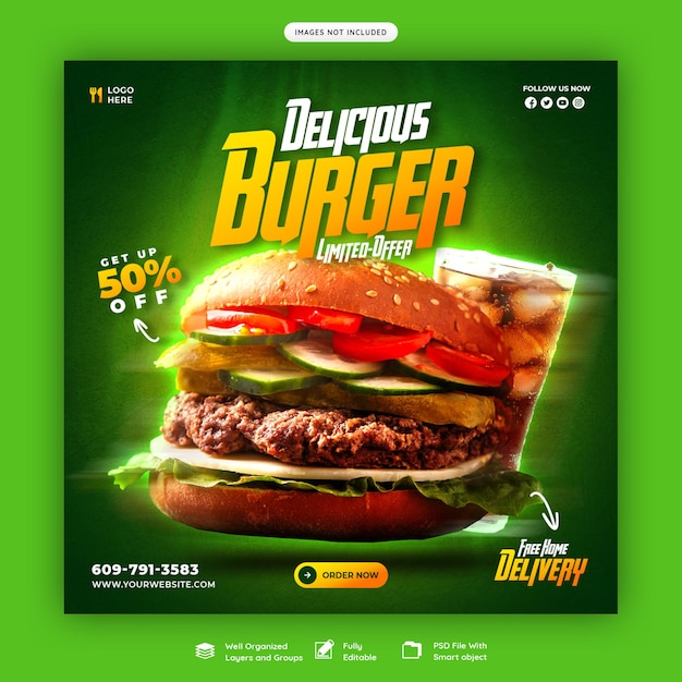 Free PSD delicious burger and food menu social media banner or instagram post template