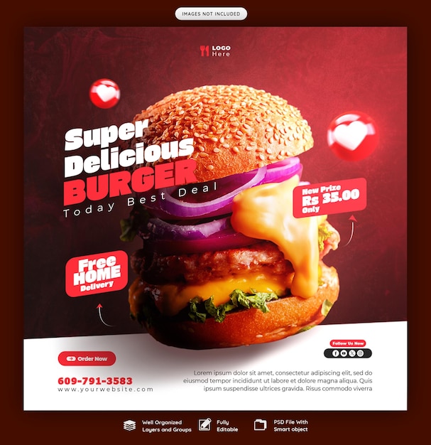 Free PSD delicious burger and food menu social media banner or instagram post template