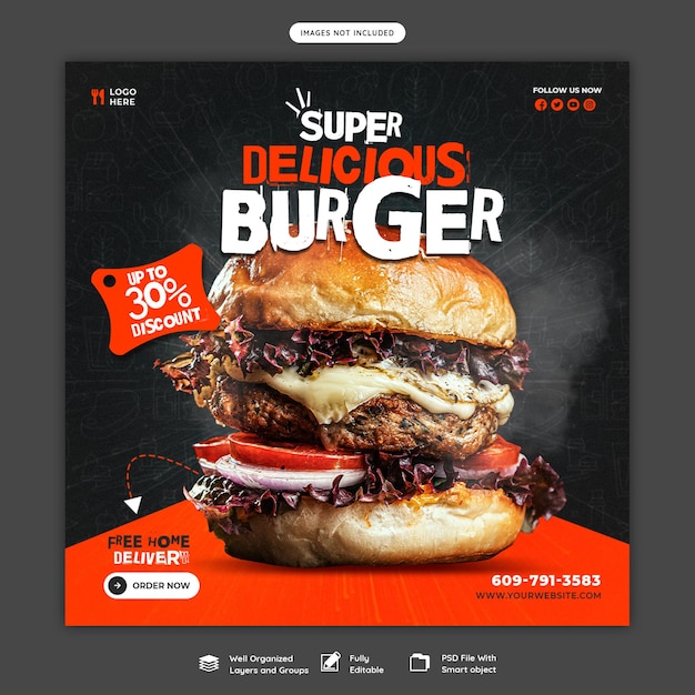 Delicious burger and food menu social media banner template